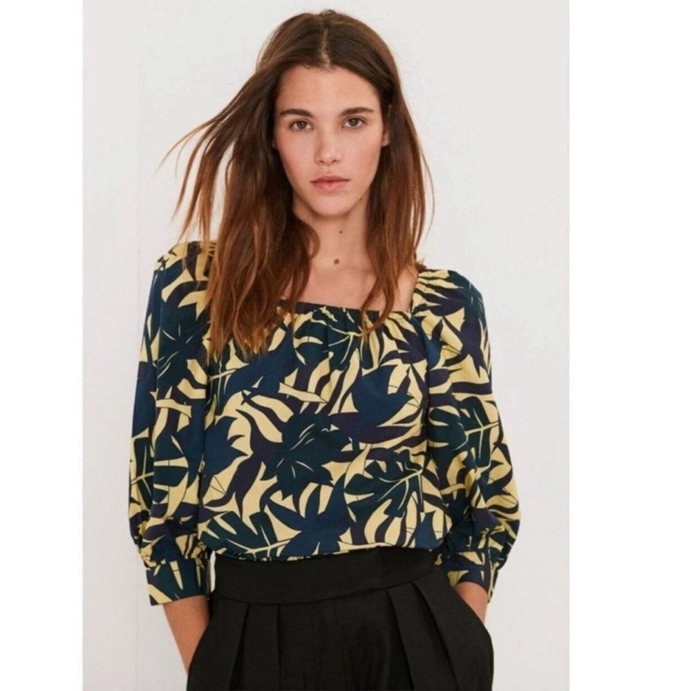 BA&SH Womens Wally Leaf Print Square Neck Cotton Navy Green Top Orig $220 XSmall